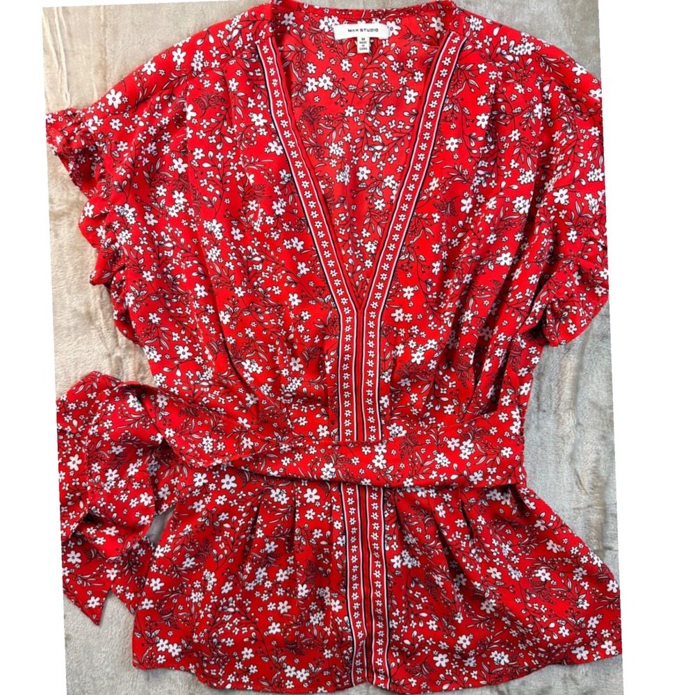 Y2K Max Studio Womens Red Floral V-Neck Wrap Top Smocked Back Short Sleeve